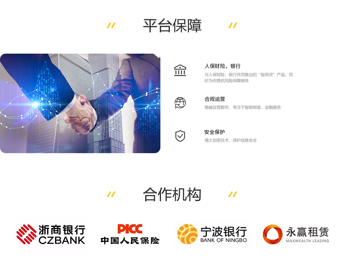 平台保障，机构合作，合作机构-浙商银行、中国人民保险、宁波银行、永赢租赁